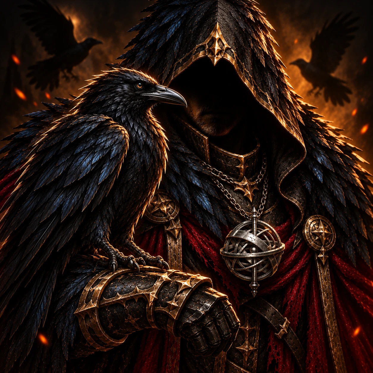 A hooded figure in blackened steel and crimson, holding a silver armillary sphere
